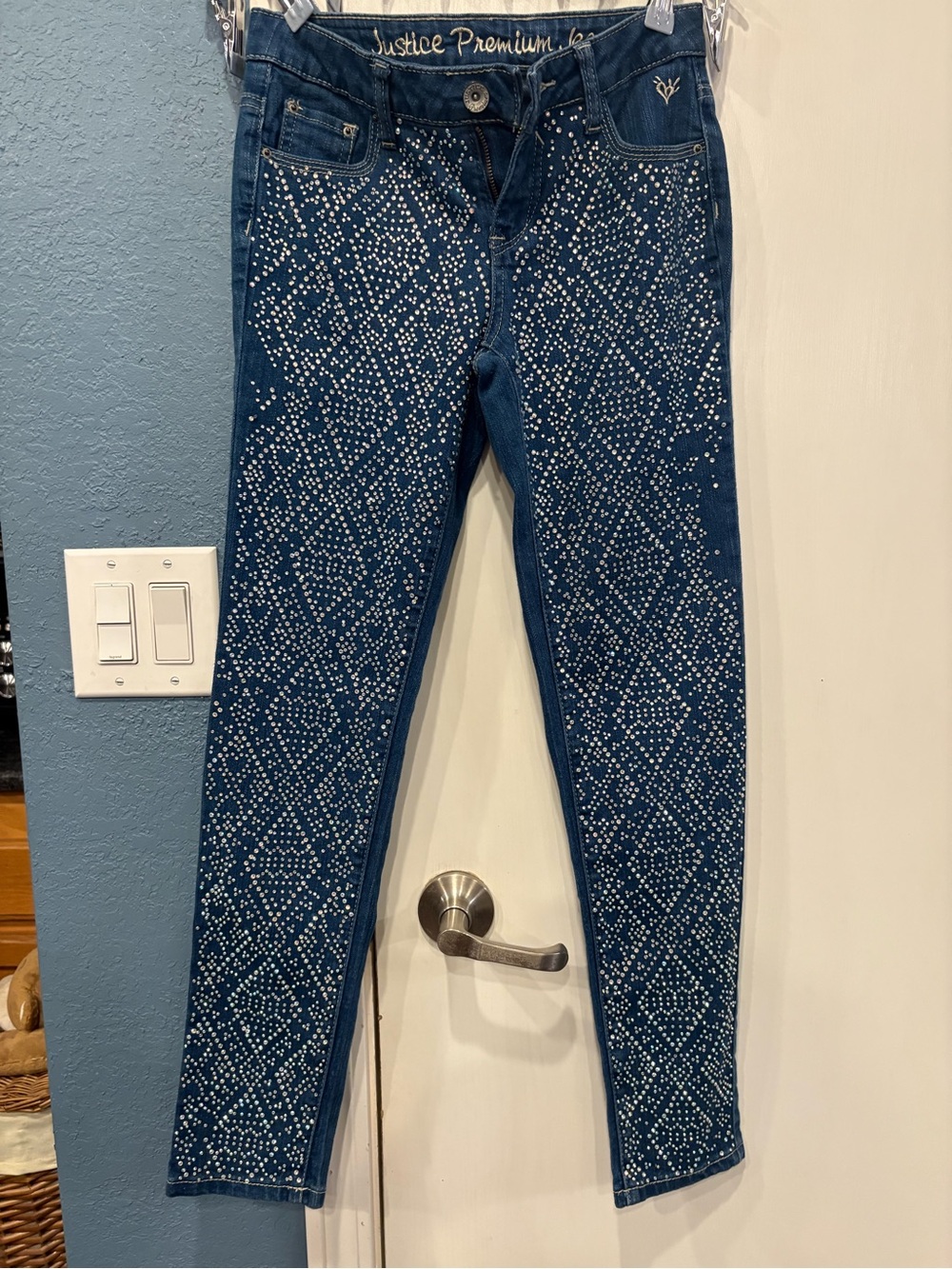 Justice Blue Skinny Jeans with Rhinestone Diamond Pattern
